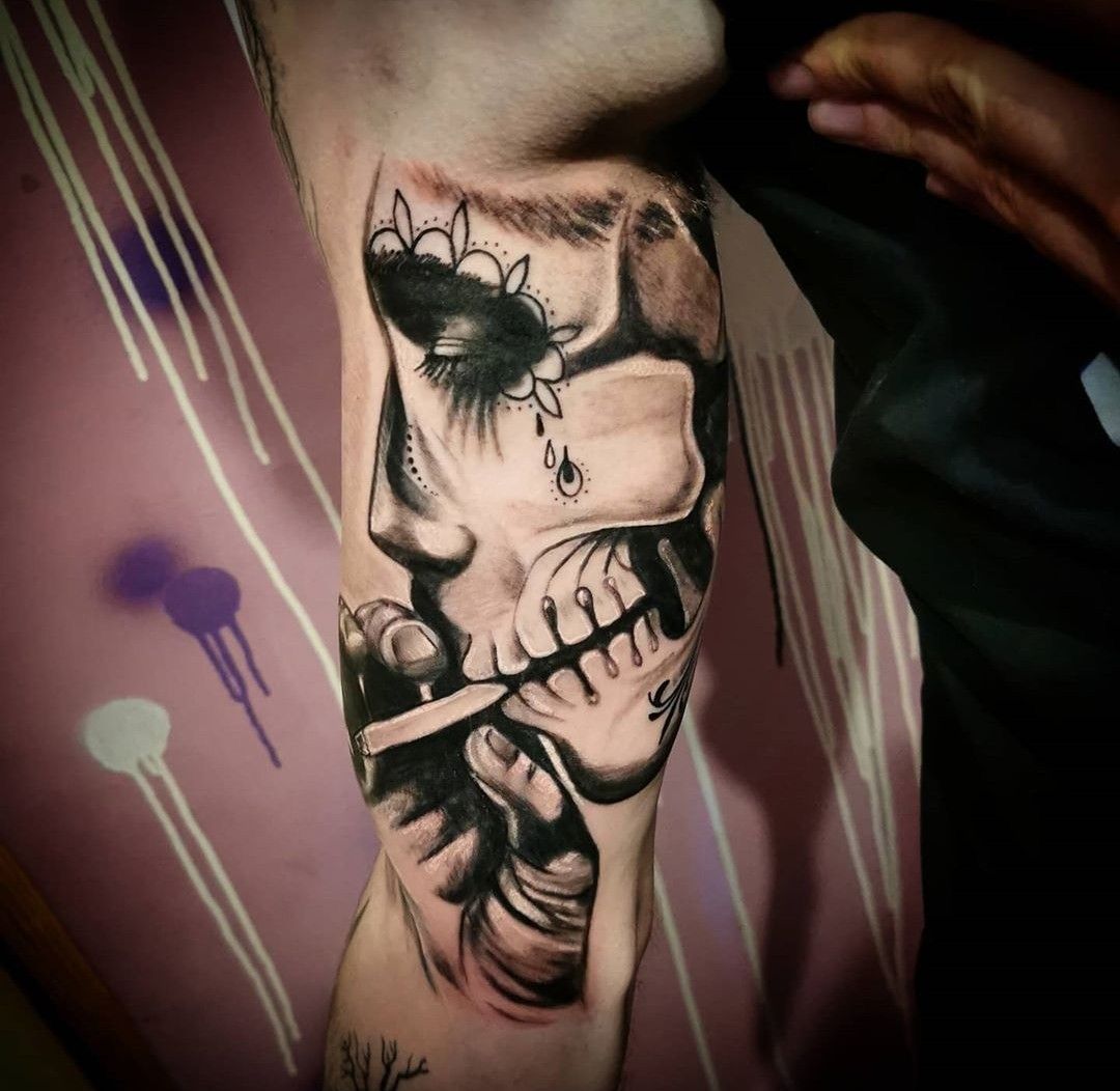 Fantázia tetoválás, Fekete fehér tetoválás, Felkar tetoválás, Koponya tetoválás, Muerte tetoválás, Realisztikus tetoválás
